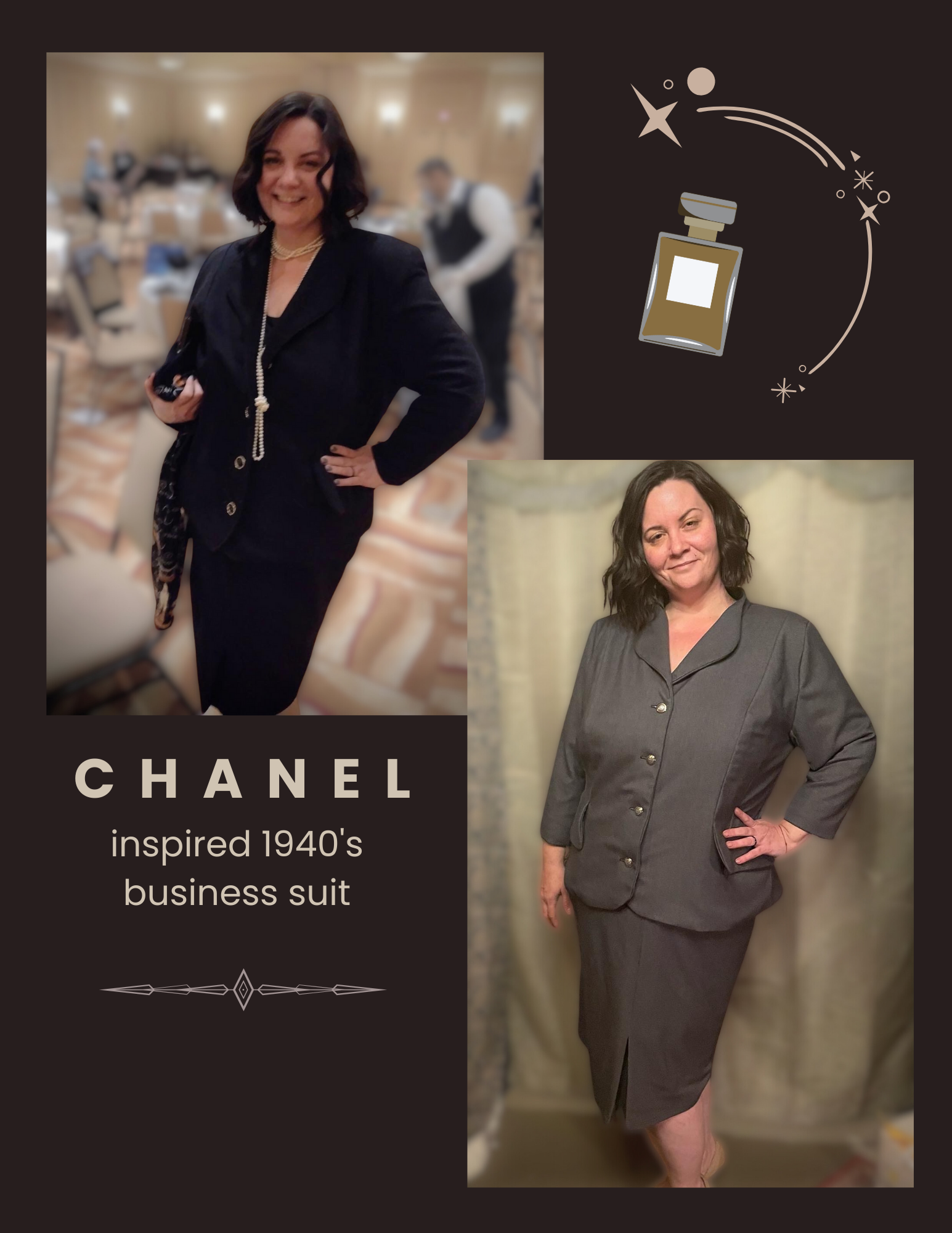 A woman is wearing a chanel-inspired suit and smiling