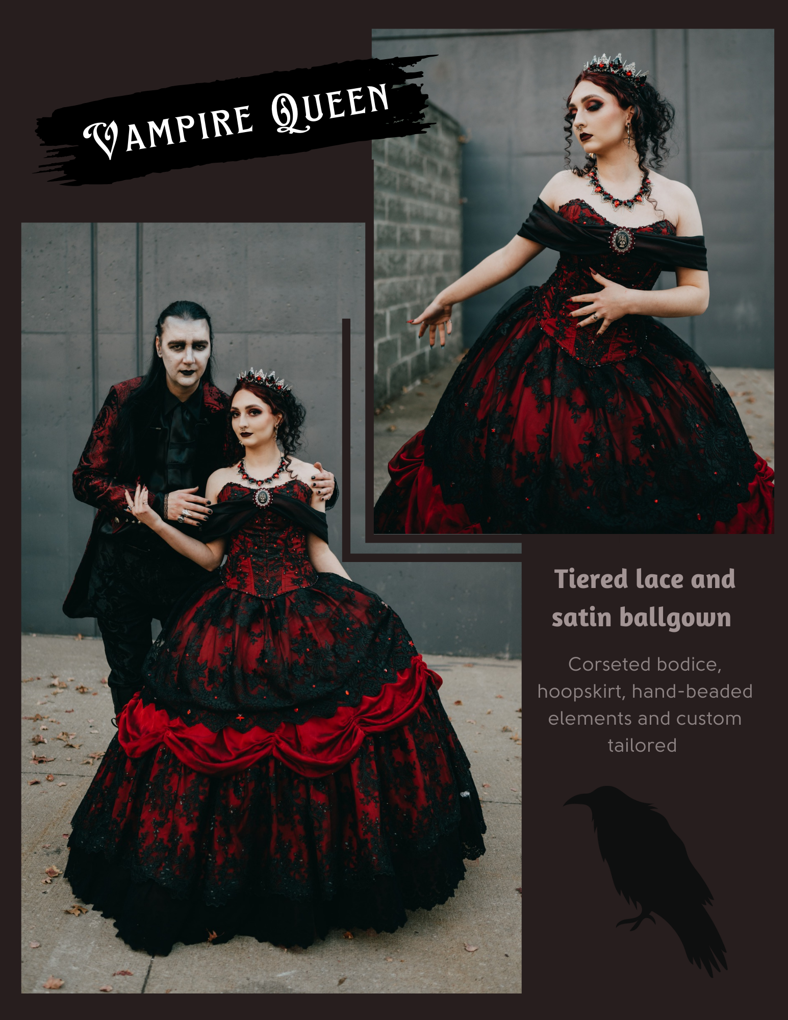 A man and a woman are standing next to each other in a vampire queen dress.