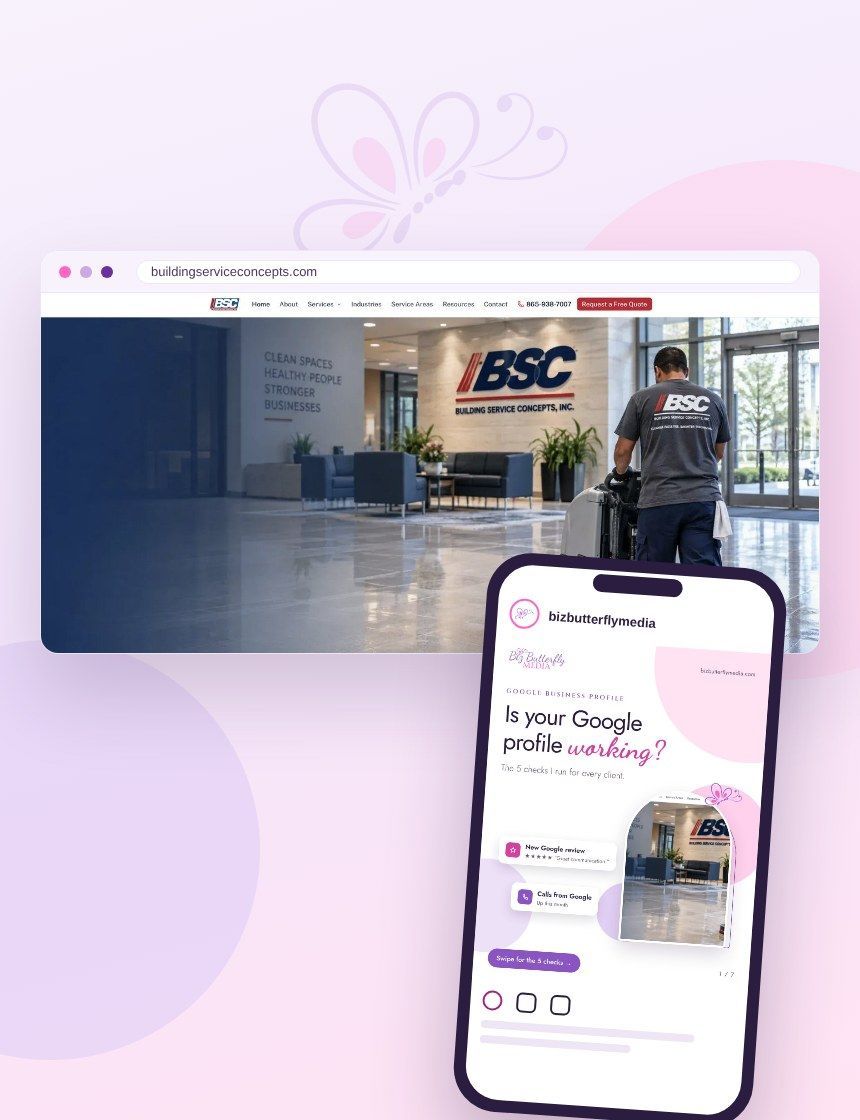 A client website and an Instagram post designed by Biz Butterfly Media, shown on a laptop browser and a phone