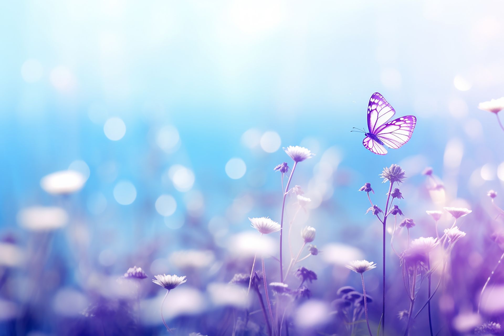 A butterfly is flying over a field of purple flowers.