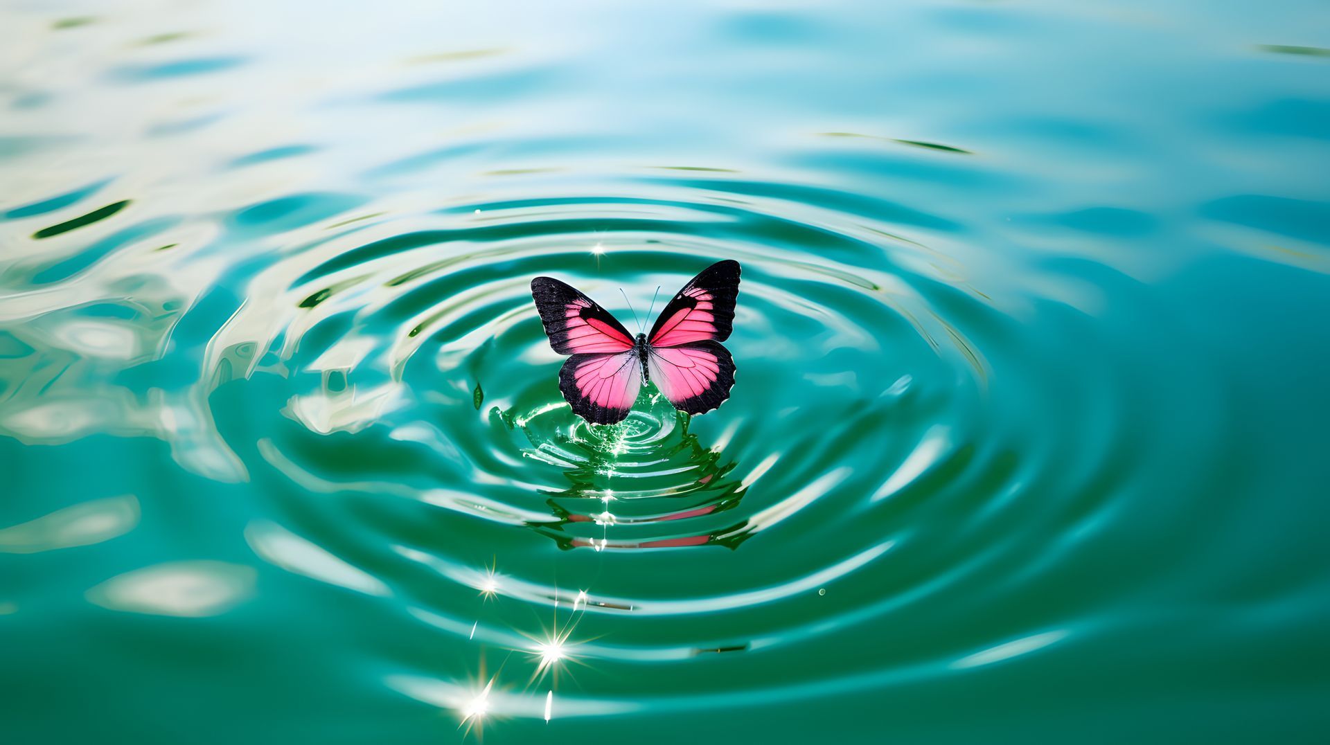A pink butterfly is floating on top of a body of water.