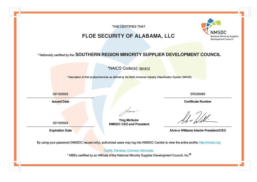 Certificate for FLOE Security of Alabama, LLC, certified by the Southern Region Minority Supplier Development Council.