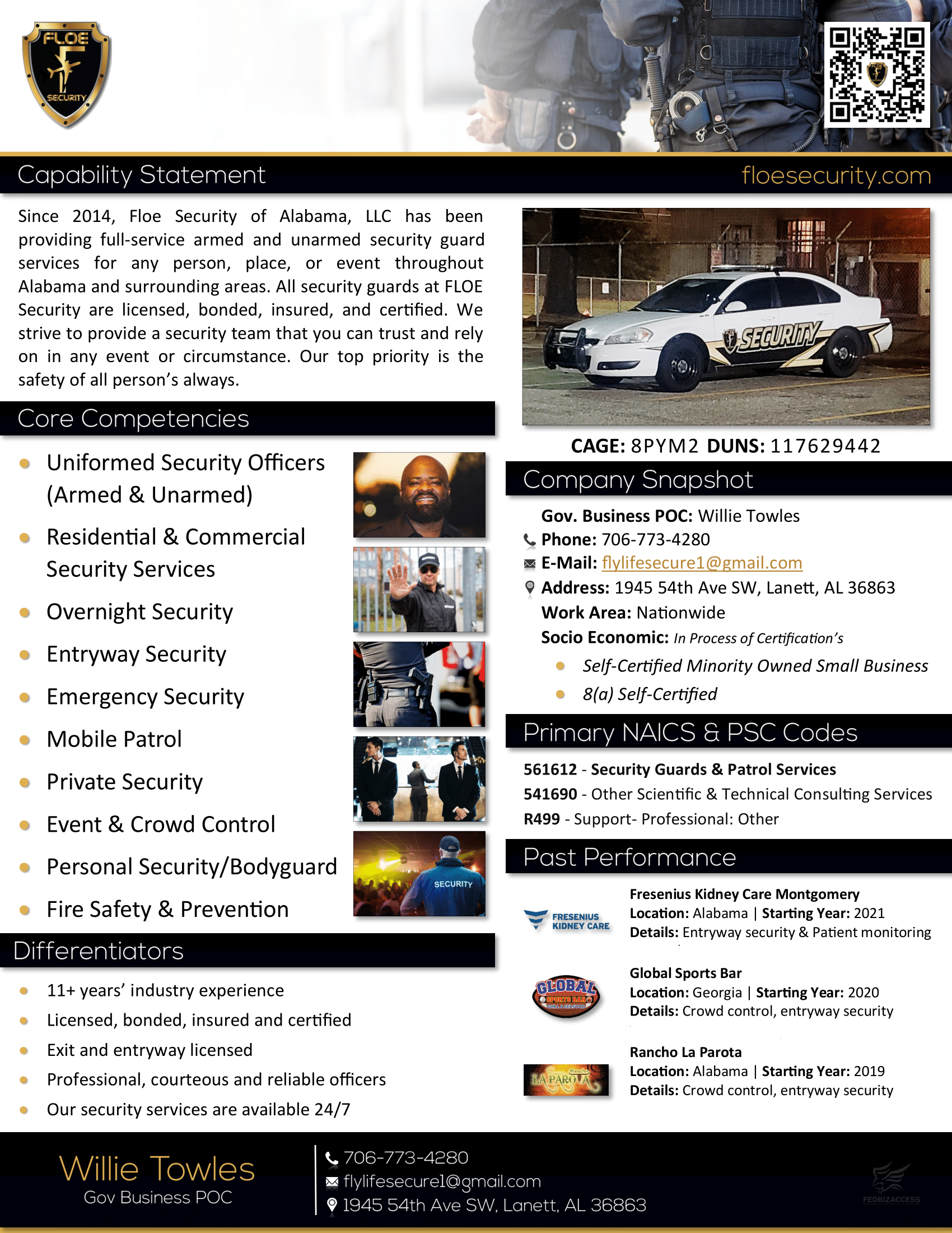 Newsletter about security services, featuring a police car and headshots.