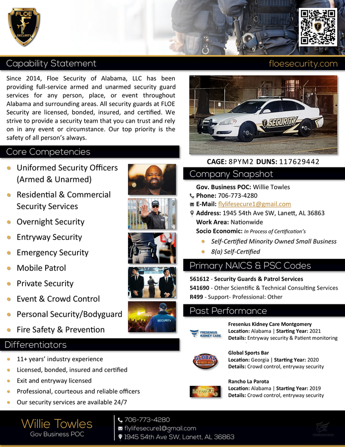 Newsletter about security services, featuring a police car and headshots.