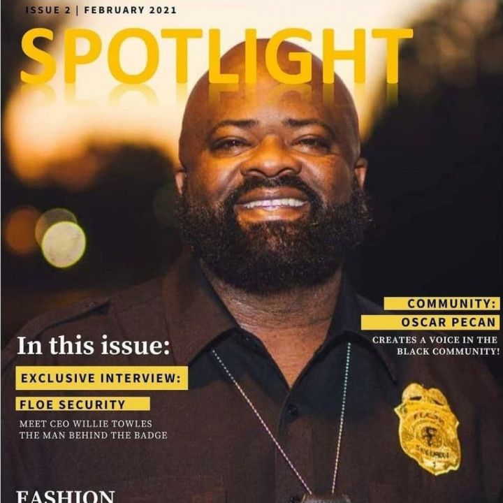 Magazine cover with smiling man. Title: Spotlight. Article: Oscar Pecan, Floe Security CEO interview.