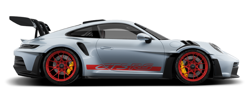 A side profile of a silver Porsche 911 GT3 RS with red wheels and accents.