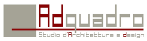 Logo per “Adquadro” con testo rosso e grigio e sottotitolo “Studio d'Architettura e Design”