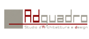 Logo di “AdQuadro” con tipografia grigia e rossa e lo slogan “Studio d'Architettura e design”