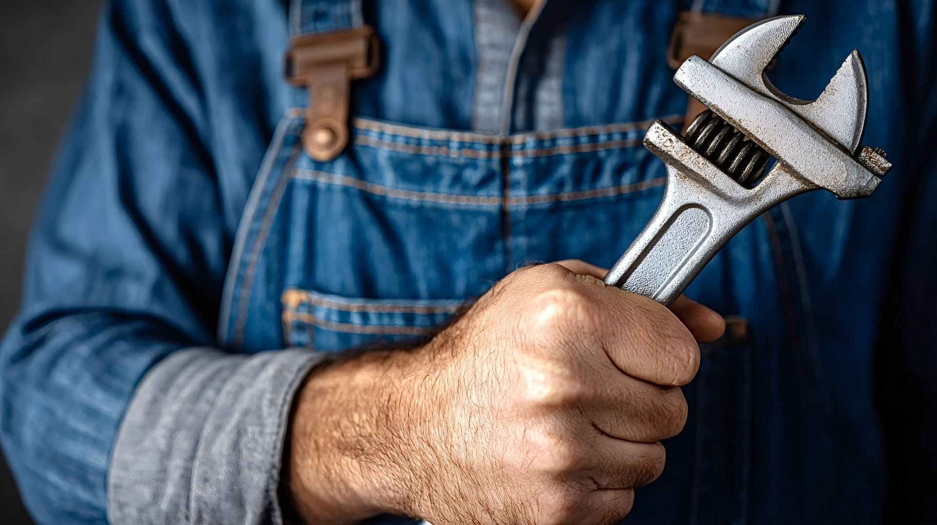 A close-up of a person in denim overalls holding a metal adjustable wrench.