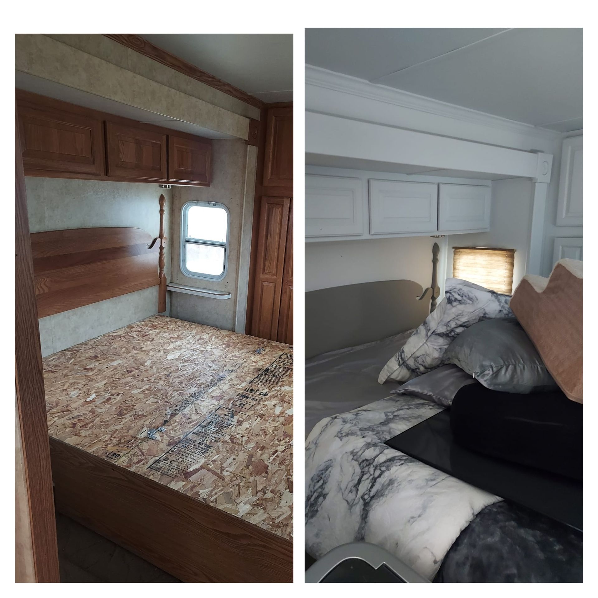 Before and after photos of a bedroom interior remodel, showing a change from wood-toned cabinets to painted white cabinets.