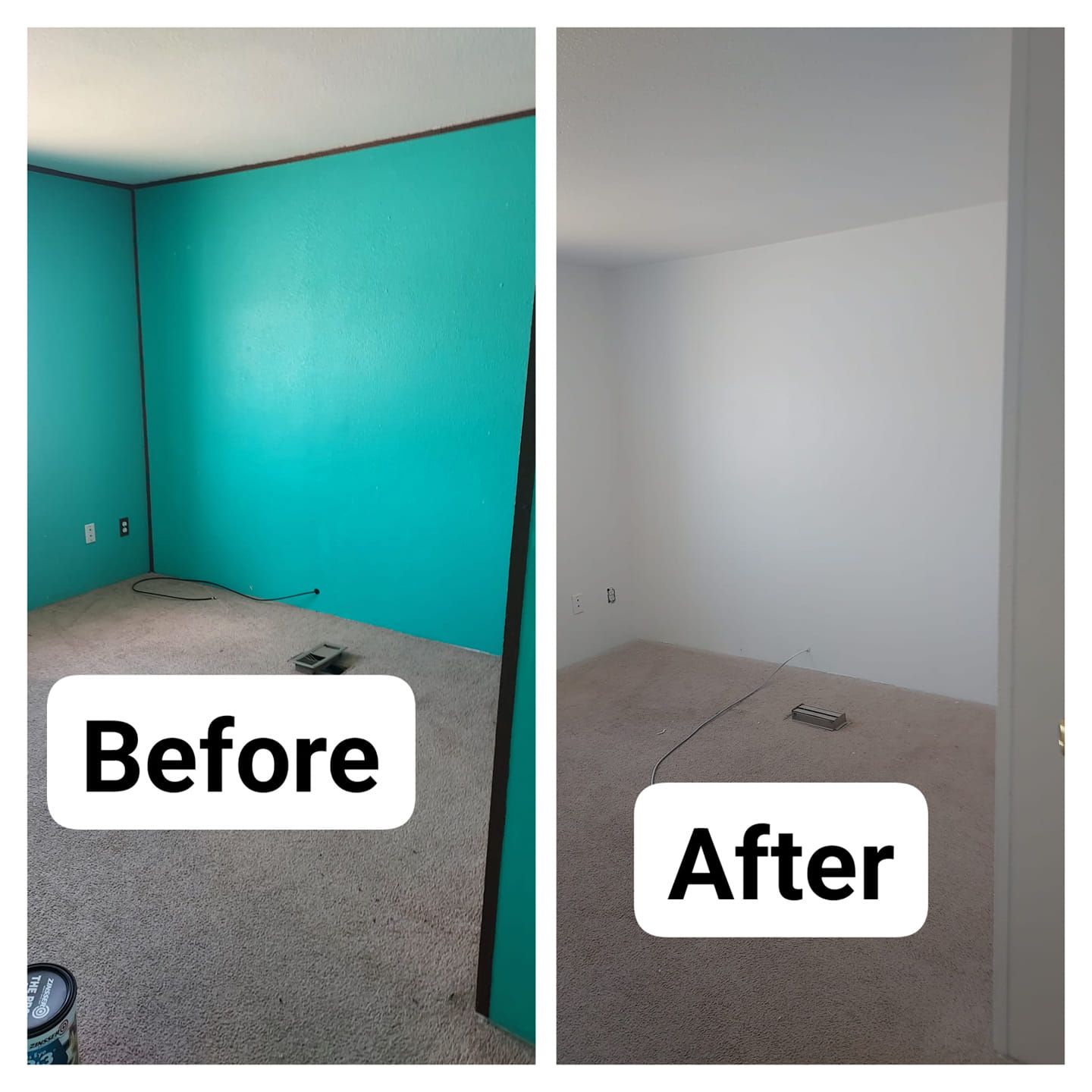 A split-screen comparison of a room interior, showing walls painted from bright teal to a clean, neutral white.