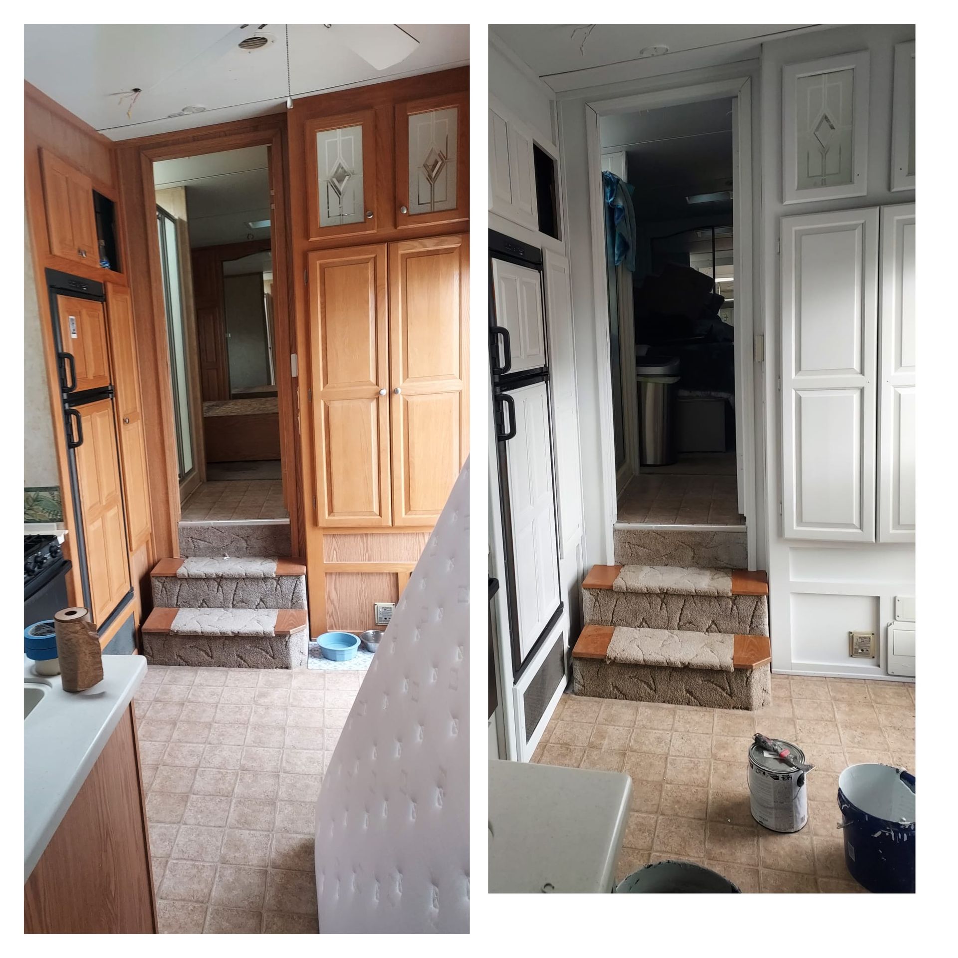 Before and after comparison of an RV interior, showing wood-toned cabinets and walls painted a crisp, bright white.