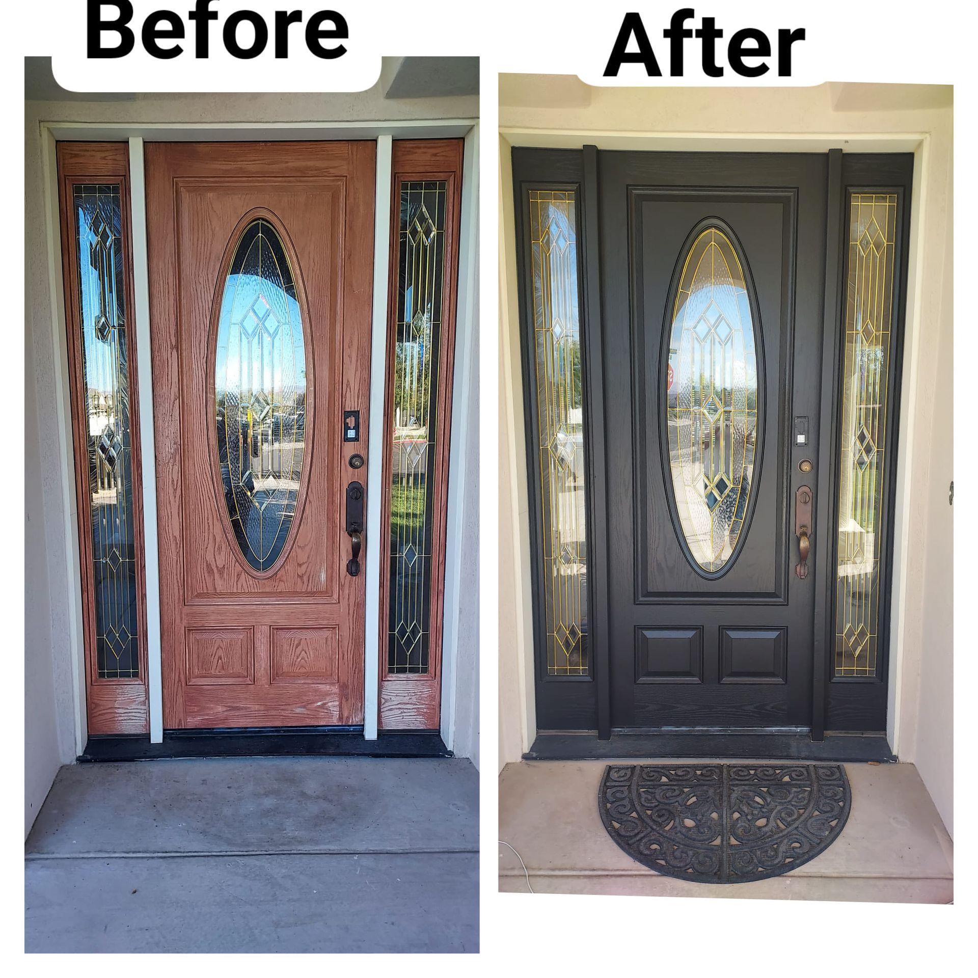 Before and after comparison of a home entryway, showing a stained wood door painted a modern matte black.