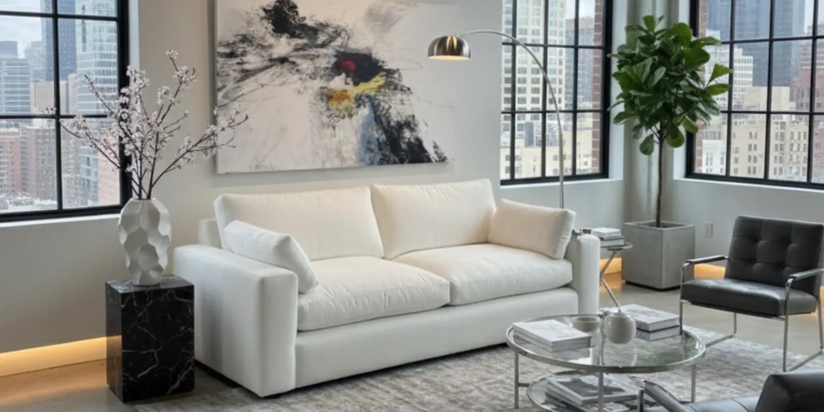 A tan leather sectional sofa with a chaise lounge sits on a grey rug in a modern, well-lit living room.