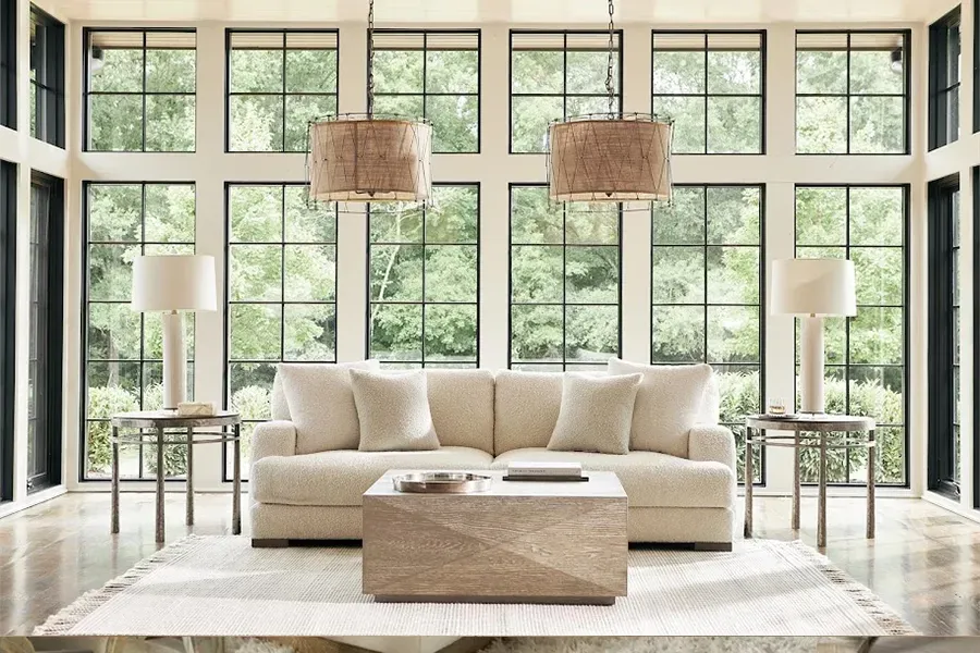 A charcoal gray sofa centered in a modern, neutral-toned room with a framed butterfly print and standing floor lamp.