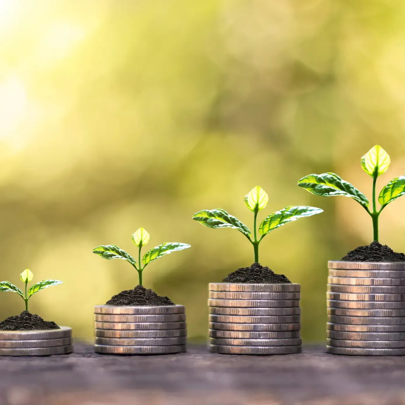 A row of coins with plants growing out of them.