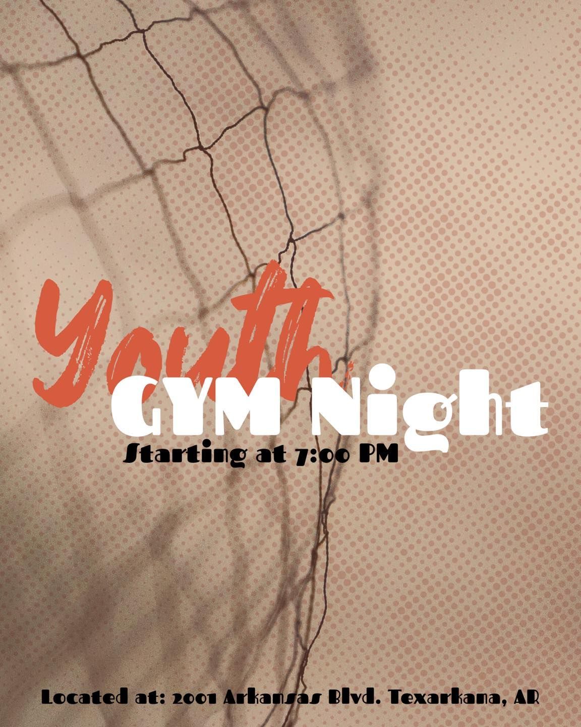 Youth Gym Night flyer with a basketball hoop and net, announcing 7–9 p.m. at the Rec Building, Texarkana, AR