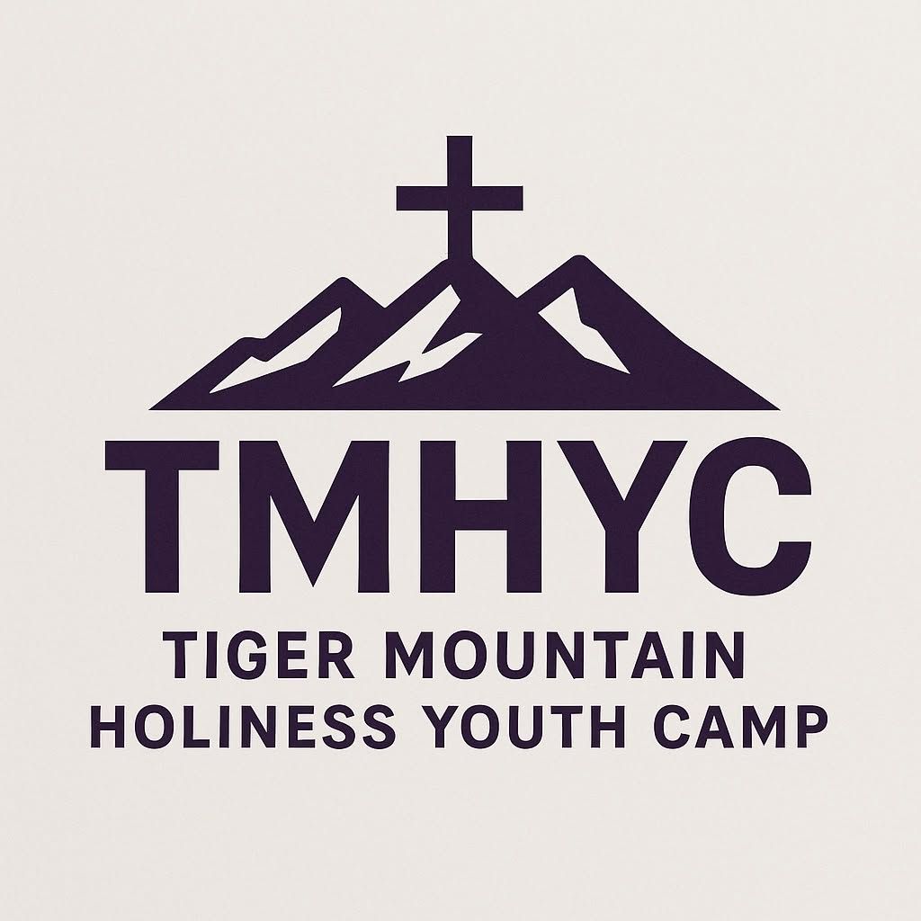 lettering on cream coloring background 3 mountain tops with a cross and wording TIGER MOUNTAIN HOLINESS YOUTH CAMP