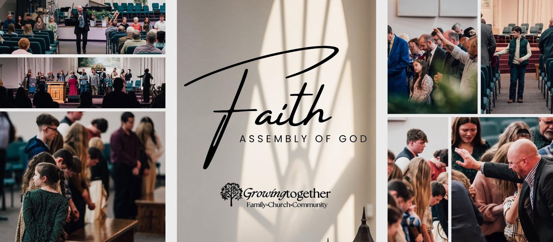 Faith collage of church worship scenes, with people singing, praying, and gathering around a stage