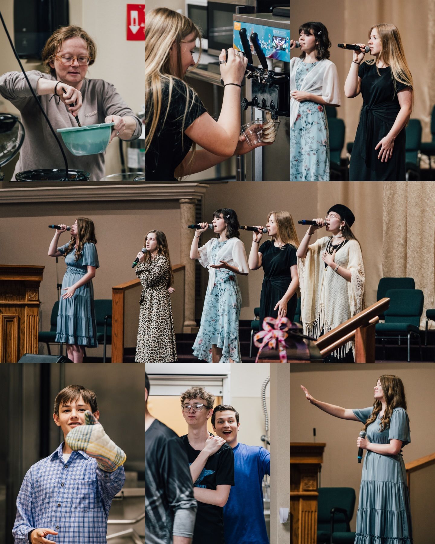 People on stage singing and speaking into microphones during a church performance
