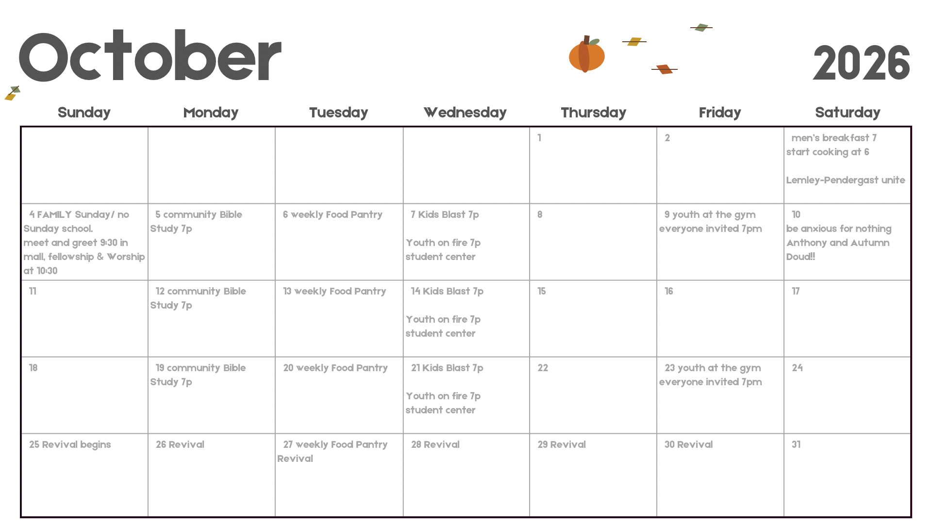 October 2026 monthly calendar with white background and black grid, showing an orange leaf icon near the top