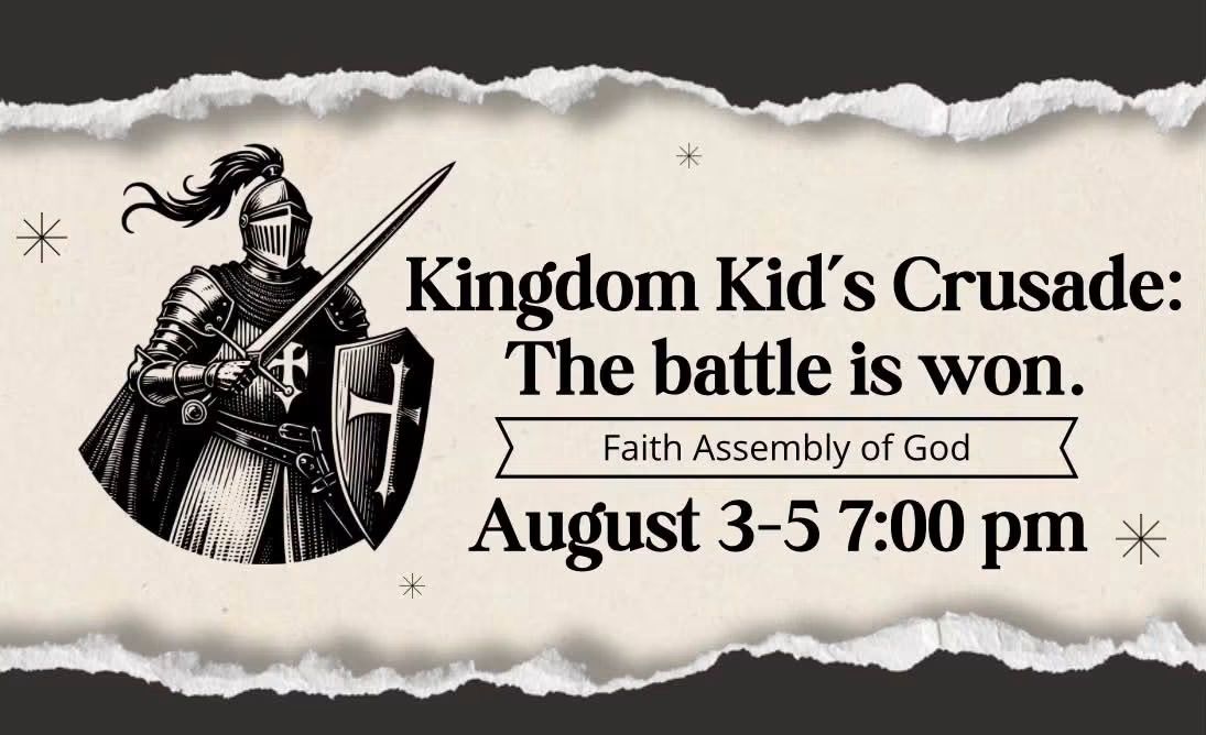 Kingdom Kid’s Crusade flyer with knight illustration and event details: August 3–5, 7:00 pm