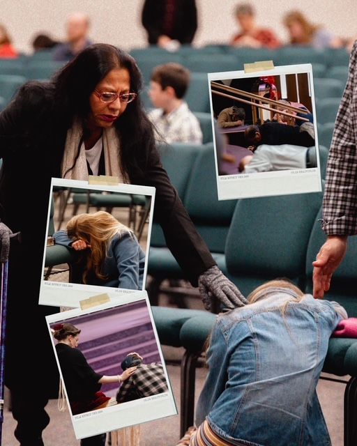 Woman comforts someone leaning over a chair, with polaroids depicting other people. In a room with blue chairs.