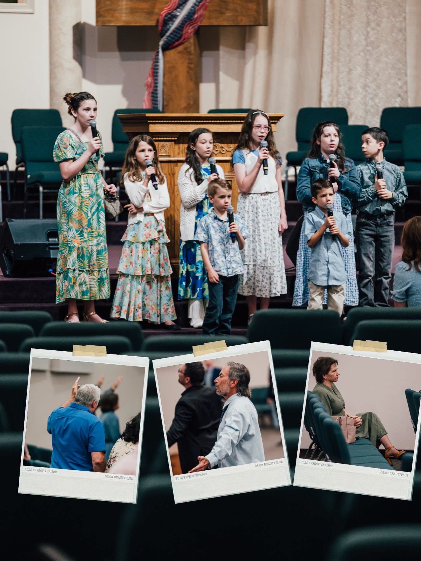 Choir group singing on a church stage with three small candid photos below
