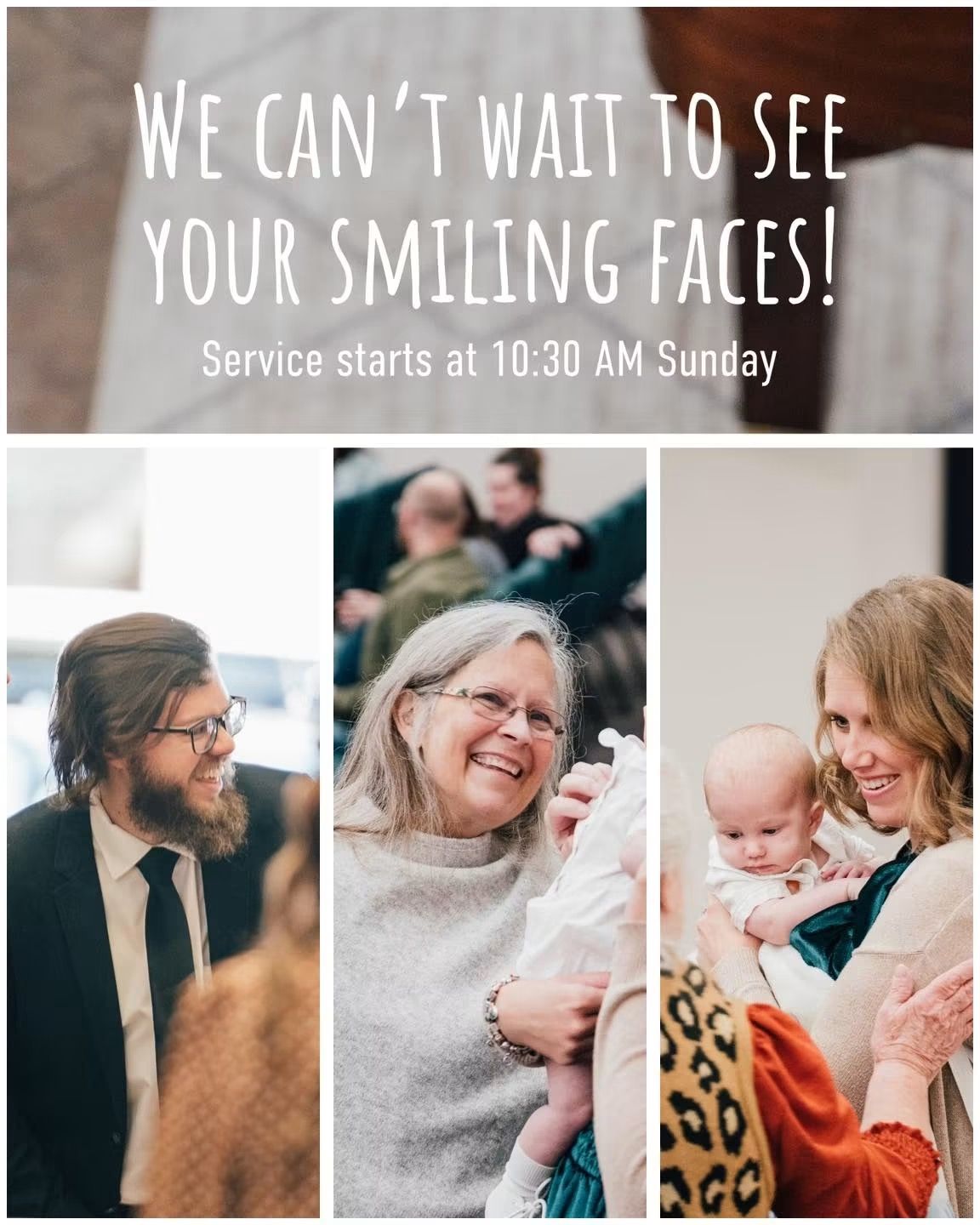 collage of photos of  a man lady and child smiling