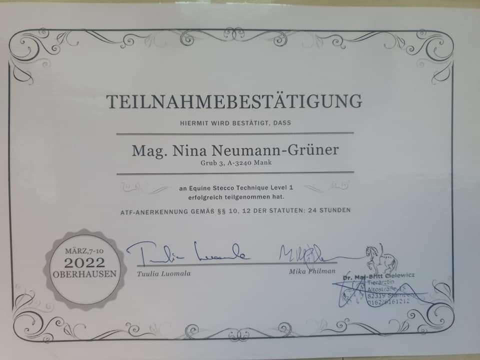 teilnahmebestätigung kurs Equine Technique Level 2