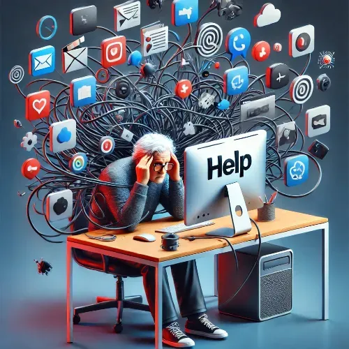 Is this you? We can help. A confused man is sitting at a desk looking at an Apple iMac screen that says help.
