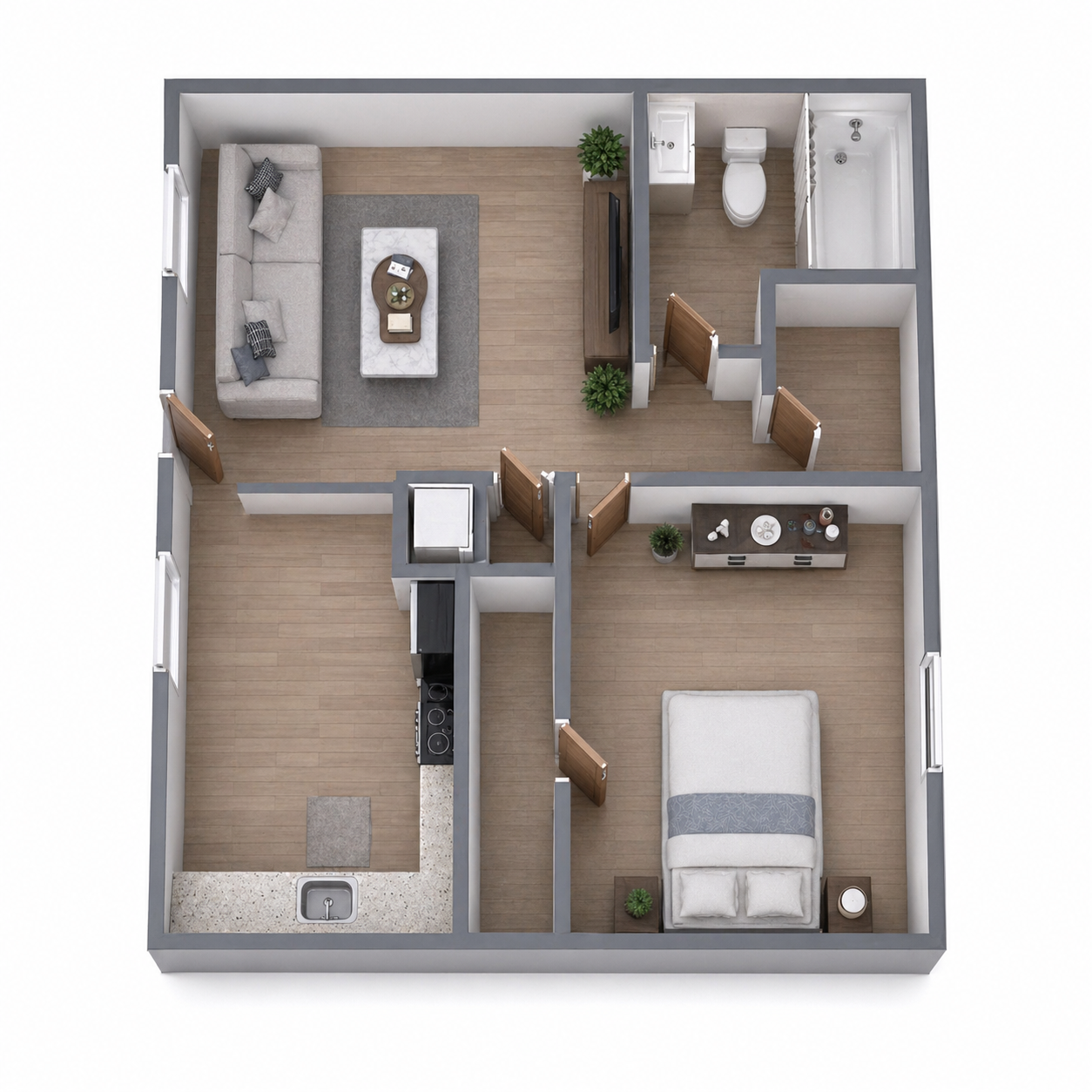 Floor plan of an apartment showing kitchen, dining, living, and bathroom areas.