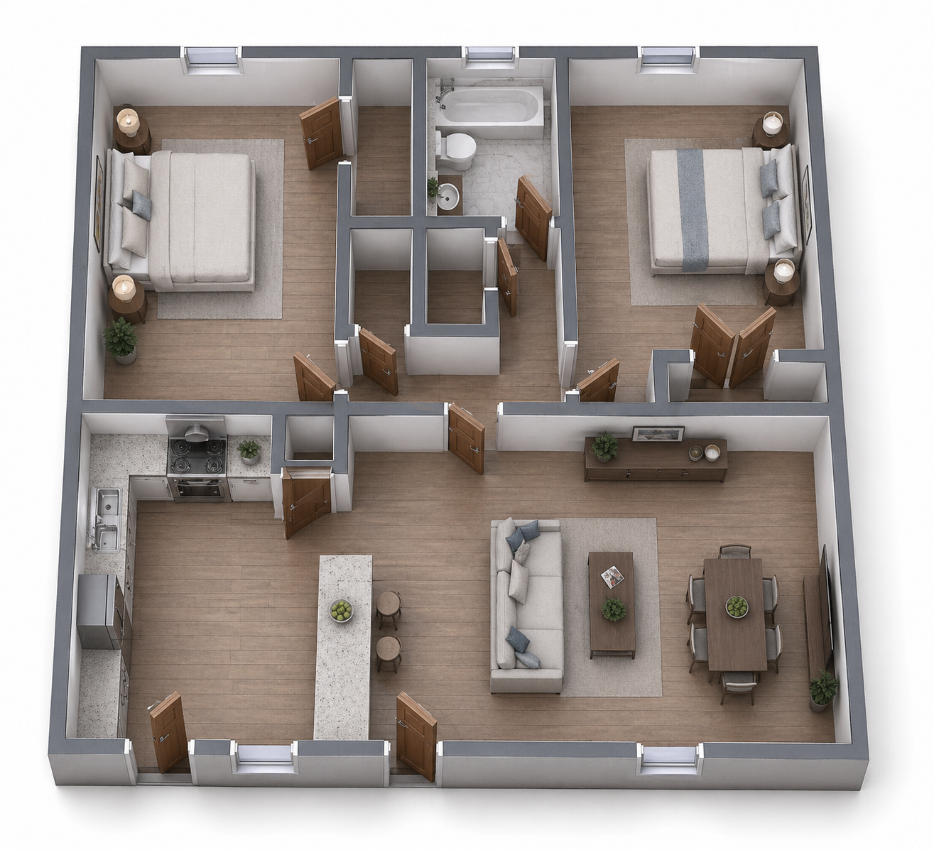 Floor plan of a two-story house. Kitchen, dining, living room, laundry, and stairs. Brown, beige and white color scheme.