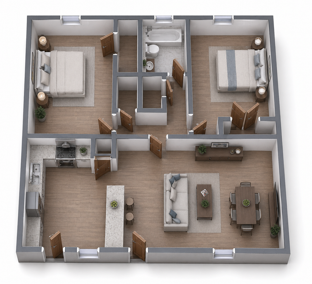 Floor plan of a two-story house. Kitchen, dining, living room, laundry, and stairs. Brown, beige and white color scheme.