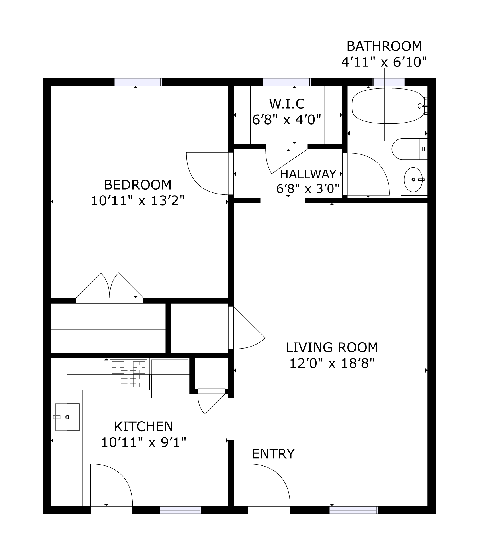 Floor plan of an apartment showing kitchen, dining, living, and bathroom areas.