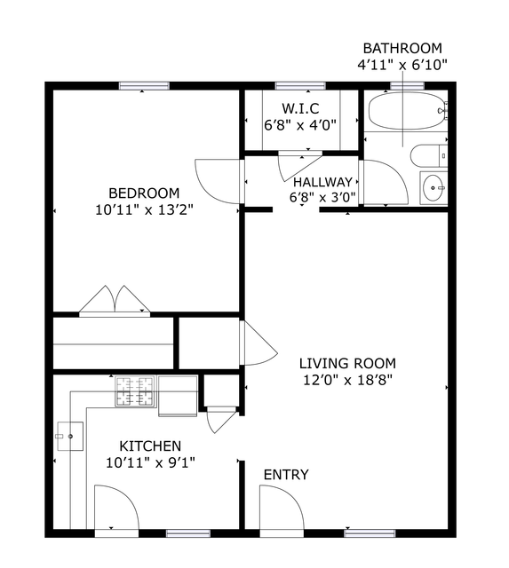 Floor plan of an apartment showing kitchen, dining, living, and bathroom areas.
