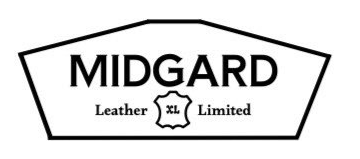Logo for Midgard Leather Limited, black text within a pentagonal shape. Includes leather icon and 