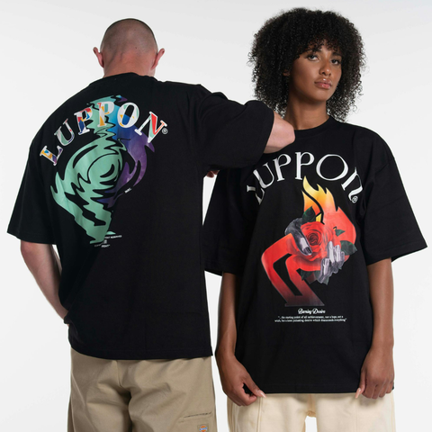 Two models in black graphic T-shirts, one showing the back and one the front against a white background