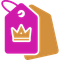 Pink and orange shopping tags with a crown logo on the front tag