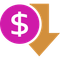 Magenta dollar sign icon with orange downward arrow, suggesting a price drop or savings