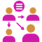 Magenta speech and arrows linking four people icons, showing communication or sharing of information