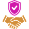 Pink shield with white checkmark above gold handshake icon