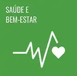 Ícone verde de saúde e bem-estar com linha branca indicando batimento cardíaco e coração, com a inscrição “SAÚDE E BEM-ESTAR”