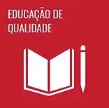 Red square with white open book and pencil icon, labeled “Educação de Qualidade” in Portuguese.