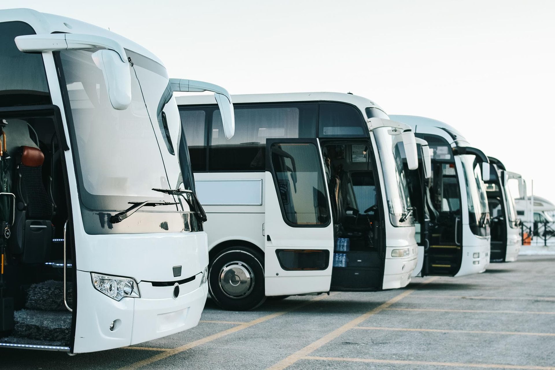 Fileira de ônibus brancos estacionados em um terreno com as portas abertas.
