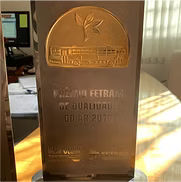 Placa de ouro com inscrição gravada, sobre uma mesa exposta à luz solar.