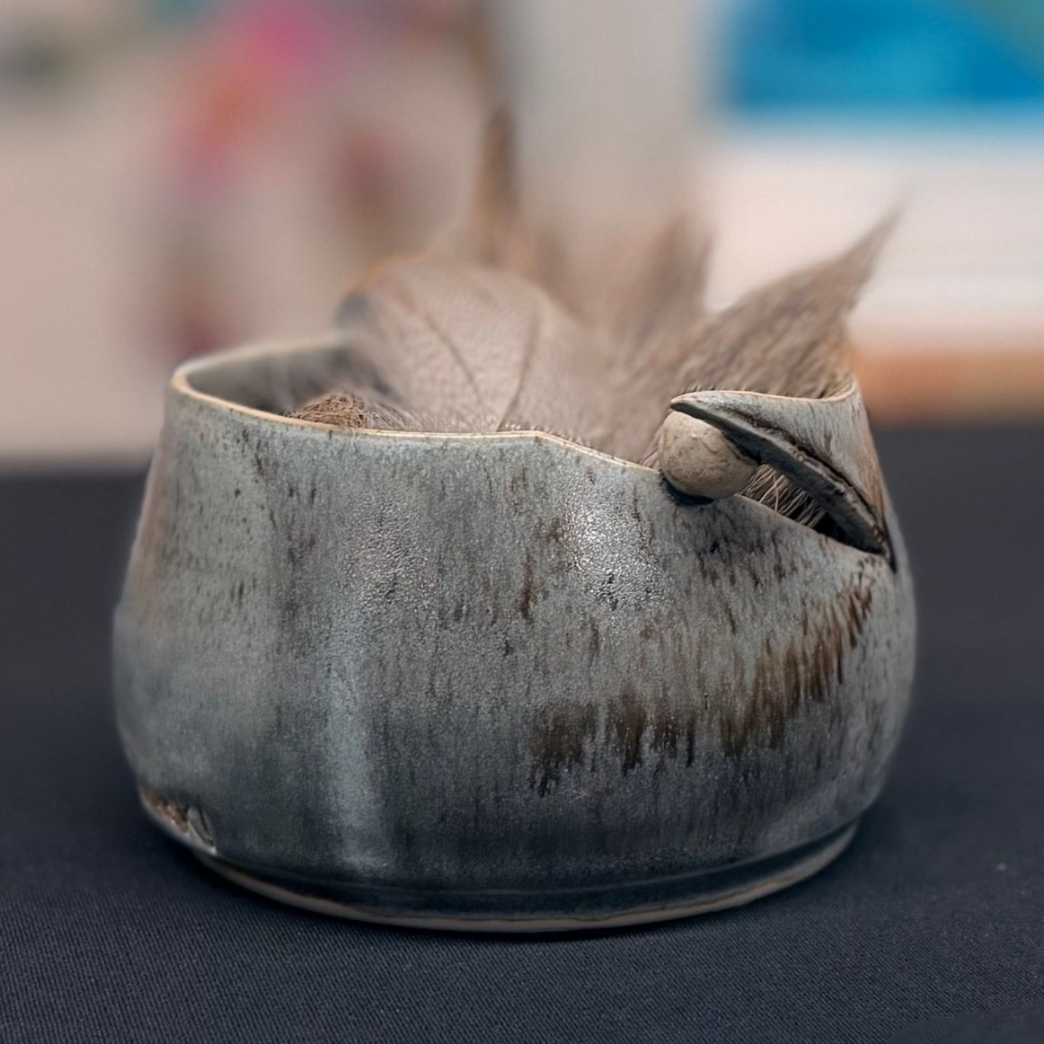 Custom made bowl with feathers inside it