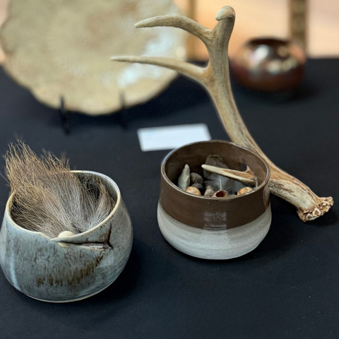 Mixed medium brown bear clay, white tail buck antler. Complimentary small bowl with rolling ball.