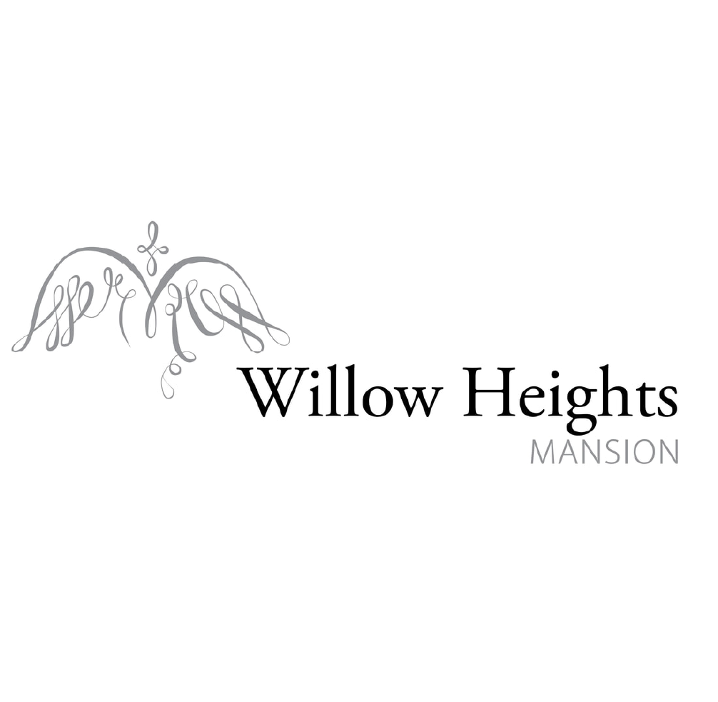 The logo for willow heights mansion is black and white.