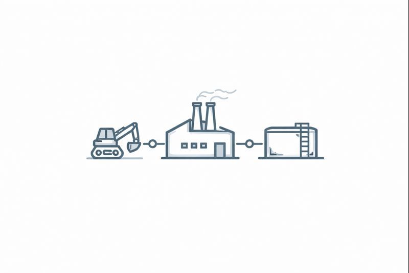 Excavator connected to a factory with smoke stacks, linked to a storage tank.